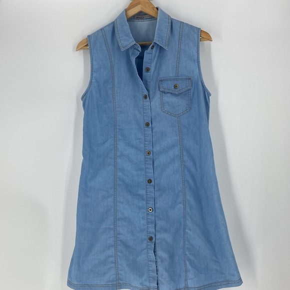 Denim sleeveless chambray lightweight button front short dress or tunic Large - Picture 13 of 14